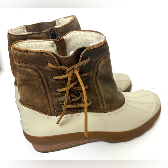 SPERRY 12M Saltwater Spray Wedge Waterproof Rain Duck Boots Ivory Brown Quarter - Picture 13 of 15